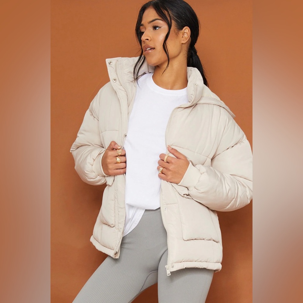 Stone Soft Touch Nylon Hooded Pocket Front Drop Shoulder Puffer
